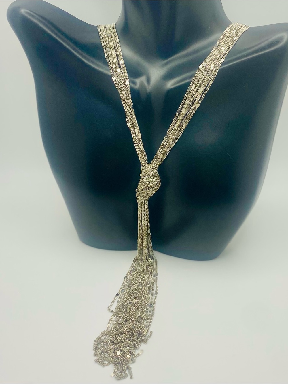Stunning Multi-Strand Silver Knotted Tassel Necklace